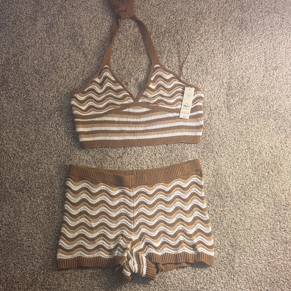 Brown and White Knit Halter Top and Shorts Set